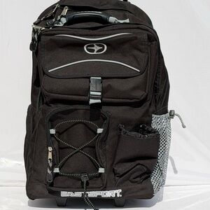 Eastsport Wheeled Black Travel Backpack with Front Bungee and Mesh Pocket